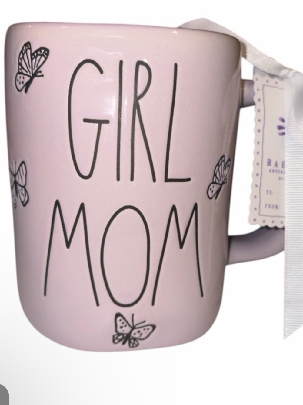 Rae Dunn Pink "GIRL MOM" Ceramic Mug with Butterflies